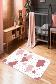 Makinede Yıkanabilir Leke Tutmaz  Beyaz-Pembe Pvc Deri Kaymaz Taban Bulut-Yıldız Çocuk Saçaksız Halı H7071  ÇOKLU 80 x 140 - 1