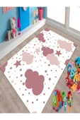 Makinede Yıkanabilir Leke Tutmaz  Beyaz-Pembe Pvc Deri Kaymaz Taban Bulut-Yıldız Çocuk Saçaksız Halı H7071  ÇOKLU 80 x 140 - 3