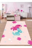 Makinede Yıkanabilir Leke Tutmaz  Pembe Pvc Deri Kaymaz Taban Deniz Kızı Çocuk Saçaksız Halı H7205  Pembe 80 x 300 - 1