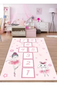 Makinede Yıkanabilir Leke Tutmaz  Pembe Pvc Deri Kaymaz Taban Seksek, Tavşan ve Bale Kız Çocuk Saçaksız Halı H7215  Pembe 120 x 180 - 1