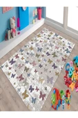 Makinede Yıkanabilir Leke Tutmaz  Multi Pvc Deri Kaymaz Taban Kelebek Vintage Çocuk Halı O-1215  ÇOKLU 120 x 180 - 2