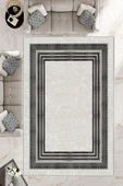 Makinede Yıkanabilir Leke Tutmaz  Krem-Antrasit Pvc Deri Kaymaz Taban Çerçeve Salon Saçaksız Halı B1170  KREM-ANTRASİT 80 x 150 thumbnail 1