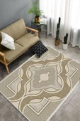 Makinede Yıkanabilir Leke Tutmaz  Kahverengi Pvc Deri Kaymaz Taban Göbekli Salon Saçaksız Halı B1269  KAHVERENGİ 80 x 150 - 4