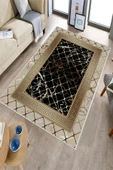 Makinede Yıkanabilir Leke Tutmaz  Vizon-Siyah Pvc Deri Kaymaz Taban Versace Salon Saçaksız Halı B1277  VİZON-SİYAH 120 x 180 - 6