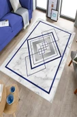 Makinede Yıkanabilir Leke Tutmaz  Lacivert Pvc Deri Kaymaz Taban Modern Salon Saçaksız Halı B1263  LACİVERT 180 x 280 - 3