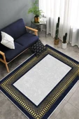 Makinede Yıkanabilir Leke Tutmaz  Gold-Lacivert Pvc Deri Kaymaz Taban Çerçeve Salon Saçaksız Halı B1227  GÜMÜŞ-LACİVERT 200 x 300 - 4