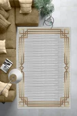 Makinede Yıkanabilir Leke Tutmaz  Gold Pvc Deri Kaymaz Taban Çerçeve Salon Saçaksız Halı B1265  100 x 200 GOLD - 6