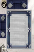 Makinede Yıkanabilir Leke Tutmaz  Lacivert Pvc Deri Kaymaz Taban Çerçeveli Salon Saçaksız Halı B1266  LACİVERT 80 x 200 - 1