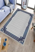 Makinede Yıkanabilir Leke Tutmaz  Lacivert Pvc Deri Kaymaz Taban Çerçeveli Salon Saçaksız Halı B1266  LACİVERT 80 x 200 - 6