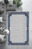 Makinede Yıkanabilir Leke Tutmaz  Lacivert Pvc Deri Kaymaz Taban Çerçeveli Salon Saçaksız Halı B1266  LACİVERT 80 x 200 - 3