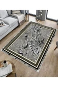 Makinede Yıkanabilir Leke Tutmaz  Siyah Pvc Deri Kaymaz Taban Versace Salon Saçaksız Halı B1210  SİYAH 80 x 300 - 5