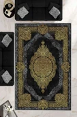 Makinede Yıkanabilir Leke Tutmaz  Gold-Siyah Pvc Deri Kaymaz Taban Göbekli Salon Saçaksız Halı E4176  GOLD-SİYAH 80 x 150 - 1