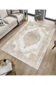 Makinede Yıkanabilir Leke Tutmaz  Krem-Vizon Pvc Deri Kaymaz Taban Salon Göbekli Saçaksız Halı E4174  KREM-VİZON 180 x 280 - 5
