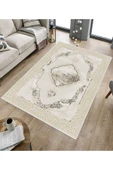 Makinede Yıkanabilir Leke Tutmaz  Krem Pvc Deri Kaymaz Taban Göbekli Salon Saçaksız Halı E4142  KREM 200 x 300 - 5