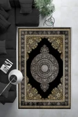 Makinede Yıkanabilir Leke Tutmaz  Siyah Pvc Deri Kaymaz Taban Göbekli Salon Saçaksız Halı E4158  SİYAH 160 x 230 - 6