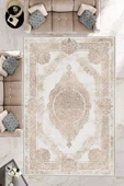 Makinede Yıkanabilir Leke Tutmaz  Krem-Vizon Pvc Deri Kaymaz Taban Salon Göbekli Saçaksız Halı E4174  KREM-VİZON 180 x 280 - 1