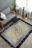 Makinede Yıkanabilir Leke Tutmaz  Siyah-Gri Pvc Deri Kaymaz Taban Versace Salon Saçaksız Halı B1278-1  GOLD-VİZON 80 x 200 - 4