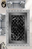 Makinede Yıkanabilir Leke Tutmaz  Gri-Siyah Pvc Deri Kaymaz Taban Versace Salon Saçaksız Halı B1293  GRİ-SİYAH 80 x 200 - 1