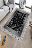 Makinede Yıkanabilir Leke Tutmaz  Gri-Siyah Pvc Deri Kaymaz Taban Versace Salon Saçaksız Halı B1293  GRİ-SİYAH 80 x 200 - 6