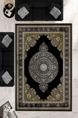 Makinede Yıkanabilir Leke Tutmaz  Siyah Pvc Deri Kaymaz Taban Göbekli Salon Saçaksız Halı E4158  SİYAH 160 x 230 - 1