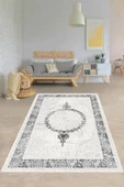Makinede Yıkanabilir Leke Tutmaz  Krem-Gri Pvc Deri Kaymaz Taban Göbekli Salon Saçaksız Halı 352-01  ÇOKLU 180 x 280 - 1