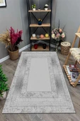 Makinede Yıkanabilir Leke Tutmaz  Gümüş Pvc Deri Kaymaz Taban Çerçeve Salon Saçaksız Halı B1320-03  GÜMÜŞ 80 x 200 - 3