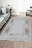 Makinede Yıkanabilir Leke Tutmaz  Gümüş Pvc Deri Kaymaz Taban Çerçeve Salon Saçaksız Halı B1320-03  GÜMÜŞ 80 x 200 - 1