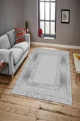 Makinede Yıkanabilir Leke Tutmaz  Gümüş Pvc Deri Kaymaz Taban Çerçeve Salon Saçaksız Halı B1320-03  GÜMÜŞ 80 x 200 - 2