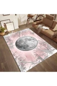 Makinede Yıkanabilir Leke Tutmaz  Pembe-Gri Dijital Baskı PVC Kaymaz Dolunay Desenli Salon Halısı  Pembe-Gri 80 x 150 - 1