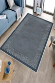 Makinede Yıkanabilir Leke Tutmaz  Mavi Deko Deri Kaymaz Taban Versace Çizgi Salon Saçaksız Halı B1201  MAVİ 120 x 180 thumbnail 3