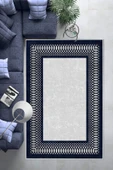 Makinede Yıkanabilir Leke Tutmaz  Gri-Lacivert Deko Deri Kaymaz Taban Çerçeve Salon Saçaksız Halı B1226  GRİ-GOLD 80 x 200 thumbnail 6