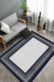 Makinede Yıkanabilir Leke Tutmaz  Gri-Lacivert Deko Deri Kaymaz Taban Çerçeve Salon Saçaksız Halı B1226  GRİ-GOLD 80 x 200 thumbnail 4