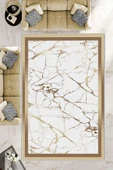 Makinede Yıkanabilir Leke Tutmaz  Gold-Beyaz Dot Keçe Kaymaz Taban Çerçeve Salon Saçaksız Halı B1286-1  GOLD-BEYAZ 80 x 150 - 1