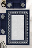 Makinede Yıkanabilir Leke Tutmaz  Gri-Lacivert Deko Deri Kaymaz Taban Çerçeve Salon Saçaksız Halı B1226  GRİ-GOLD 80 x 200 thumbnail 1