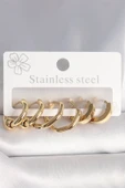 316L Çelik Gold Renk Altıgen Halka Model Kadın Küpe Seti - 1