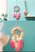 MERGEN STORE El Yapımı Kuş Tüyü ve Led Işıklı Dekoratif Asma Düş Rüya Kapanı - 6