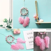 MERGEN STORE El Yapımı Kuş Tüyü ve Led Işıklı Dekoratif Asma Düş Rüya Kapanı - 1