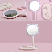 MERGEN STORE Kedi Kulaklı Telefon Standlı Yuvarlak Dokunmatik Led Ayarlı Masa Üstü Makyaj Aynası - 5
