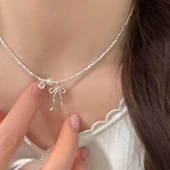 Gümüş Kaplama Fiyonk Kurdele Fiyonk  Pembe Kalp Detaylı Dorika Kolye Aksesuar Şık Takı Moda - 2