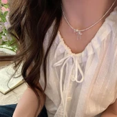 Gümüş Kaplama Fiyonk Kurdele Fiyonk  Pembe Kalp Detaylı Dorika Kolye Aksesuar Şık Takı Moda - 3