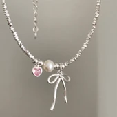 Gümüş Kaplama Fiyonk Kurdele Fiyonk  Pembe Kalp Detaylı Dorika Kolye Aksesuar Şık Takı Moda - 1
