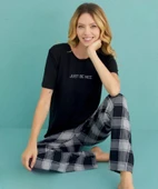 Mihra Kadın Bisiklet Yaka MİLAN Likralı Kısa Kol Pijama Takımı 50107/89- 1 Adet  Siyah L - 1