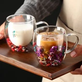 2'li Çiçekli borosilkat 250ml ısıya dayanıklı çift çidarlı bardak ift çidarlı cam bardak - 1