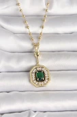316L Çelik Gold Renk Topçuk Zincir Yeşil Taşlı Seranay Model Kadın Kolye - TJ-BKO9901 - 1