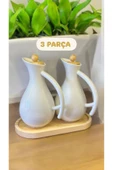 Fiona 700 Cc 3 Parça Ahşap Standlı 2'li Porselen Yağlık Seti - Bambu Kapaklı Yağdanlık Sirkelik Set thumbnail 1