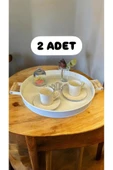 2 Adet 37 Cm Ahşap Saplı Beyaz Metal Yuvarlak Tepsi - Kahvaltı Sunum Tepsisi - 1