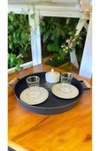 37 Cm Ahşap Saplı Siyah Metal Yuvarlak Tepsi - Kahvaltı Sunum Tepsisi - 1