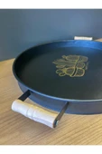 37 Cm Ahşap Saplı Siyah Metal Yuvarlak Tepsi - Kahvaltı Sunum Tepsisi - 2