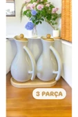 Fiona 1000 Ml 3 Parça Ahşap Standlı 2'li Porselen Yağlık Seti - Bambu Kapaklı Yağdanlık Sirkelik Set thumbnail 1