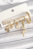 Pirinç Gold Renk Sallantı Yılan Model Zirkon Taşlı Halka Kilit Kalp Detay Kadın Küpe Seti - TJ-BKP10369 - 1